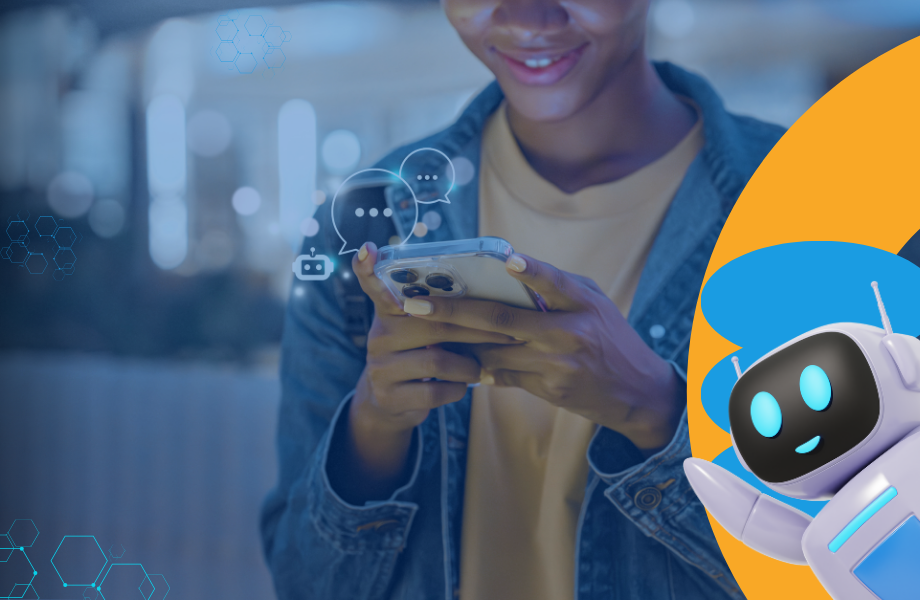 Smiling person using a smartphone, surrounded by digital chat icons and a friendly AI chatbot character, representing AI chatbots for business communication.